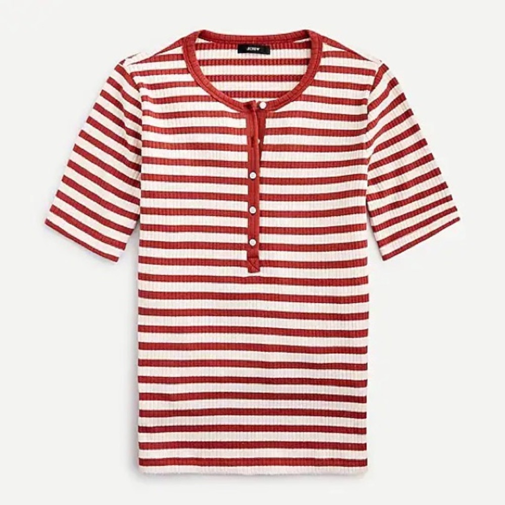 NWT J.Crew Ribbed Elbow Sleeve Henley shirt in rust + white stripes, size MED
